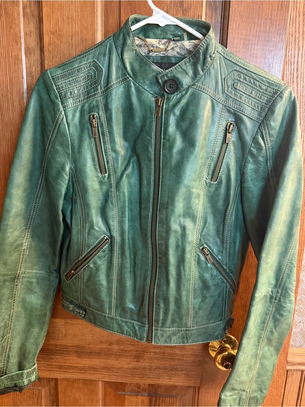 Black Rivet Green Leather Moto Jacket with Zip Pockets